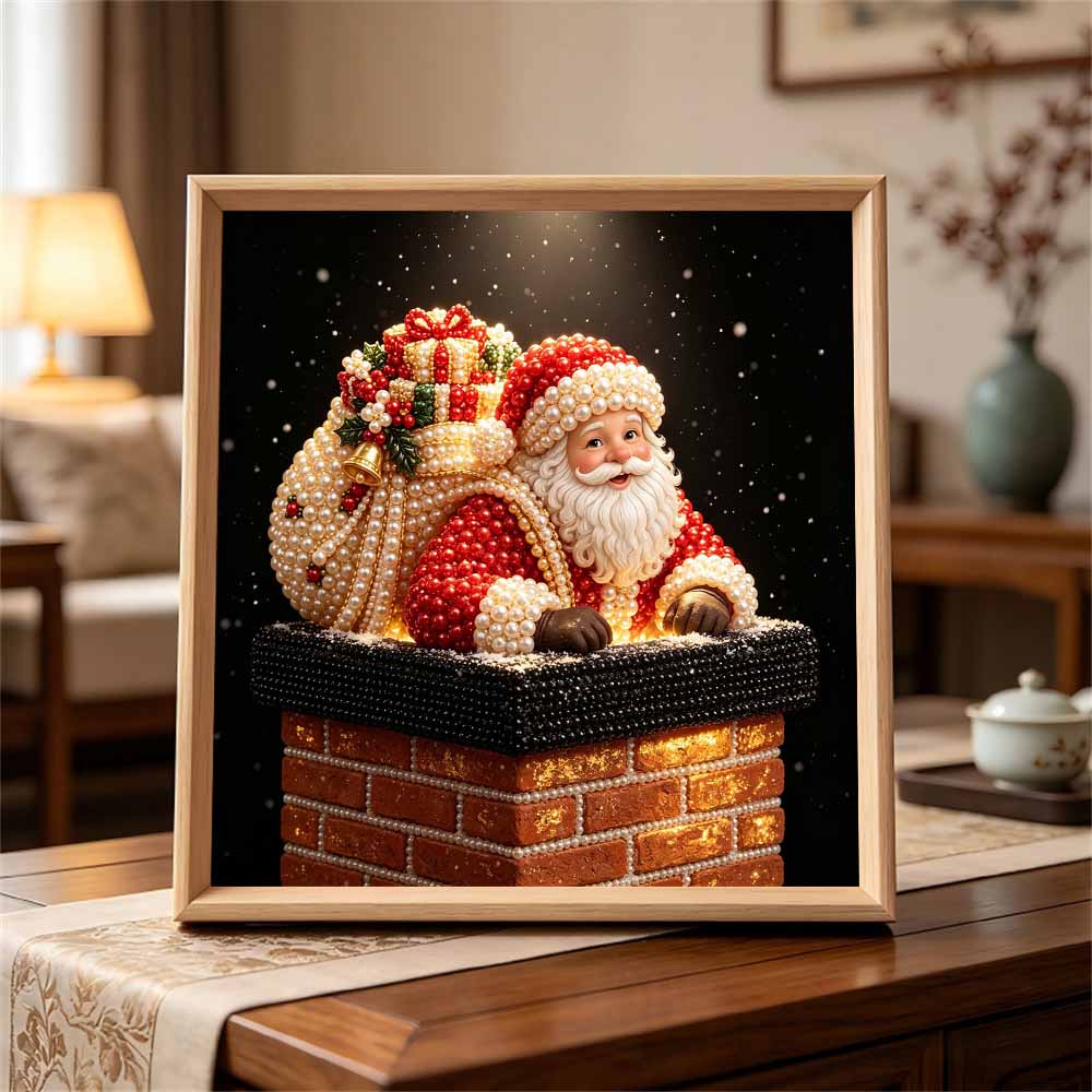 Framed Pearl Art DIY Kit with Santa Claus Chimney Pattern 3D Sparkling Bead Canvas Painting Handmade Gift for Home Decoration Wall Art