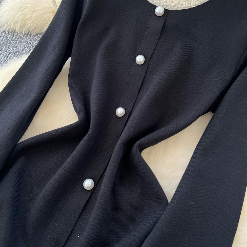 Autumn Winter Women Vintage Black Knitted Sweater Pullover Dresses with Beading