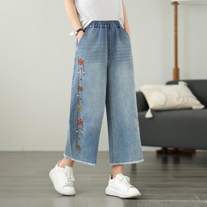 Damen Sommer High-Waist Denim Capri-Hosen