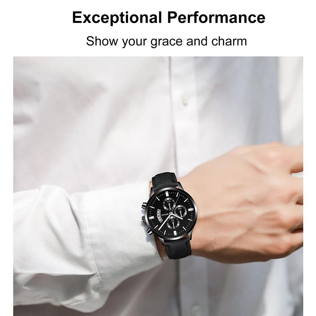 RS0053 Fashionable Luxurious Men Business Watch Elegant Quartz Wrist Watch with Leather Strap 30M Waterproof Luminous