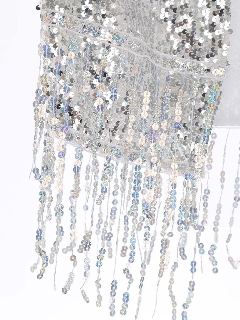 Damen 70er Jahre Disco Cowgirl Weste S-XL: Glänzende Pailletten-Weste mit Fransen, Offene Vorderseite, Vintage Western Party Kostüm