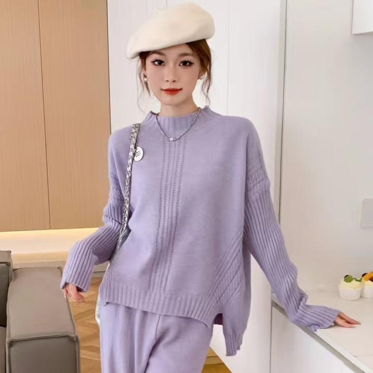 DIMANAF 2024 Зима Осень Женские Однотонные Свитера На Молнии Вязание Модный Повседневный Стиль Водолазка Свободный Пуловер Свитер One Size фиолетовый