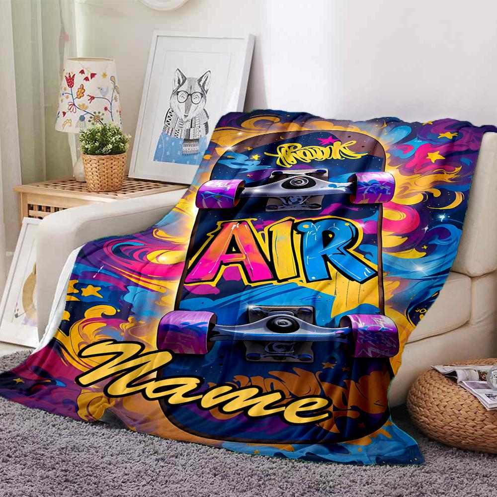 Custom Name skateboard Theme Printed Blanket - Perfect for Couch, Bed, Travel & Outdoor Use | Machine Washable, Cozy & Durable.