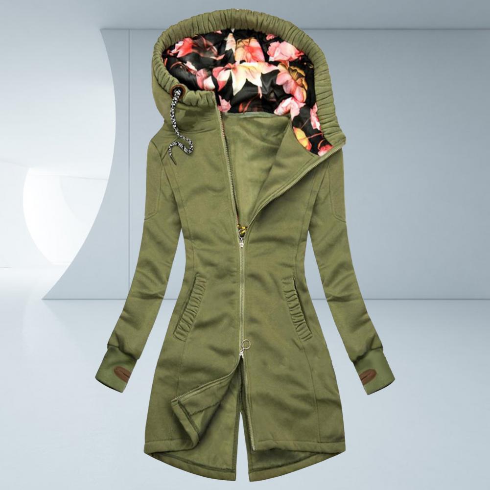 Blue Black Green Women Hooded Coat Floral Print Patchwork Autumn Winter Drawstring Zipper Irregular Bottom Sweatshirt Daily Wear