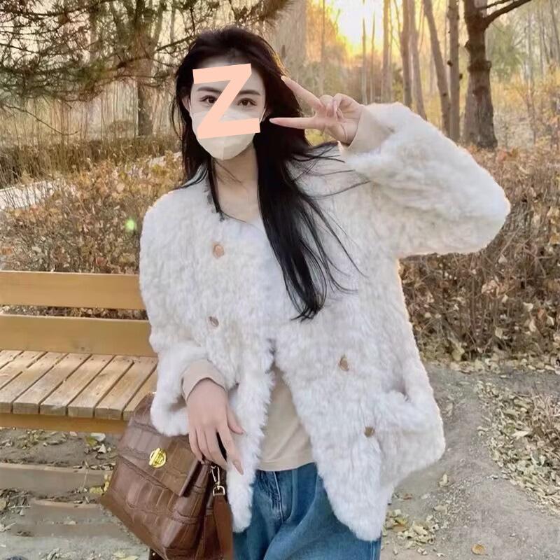Autumn Winter Loose Casual Double Breasted Lamb Fleece Coat Women Quilted All-match Cardigan Jacket Top
