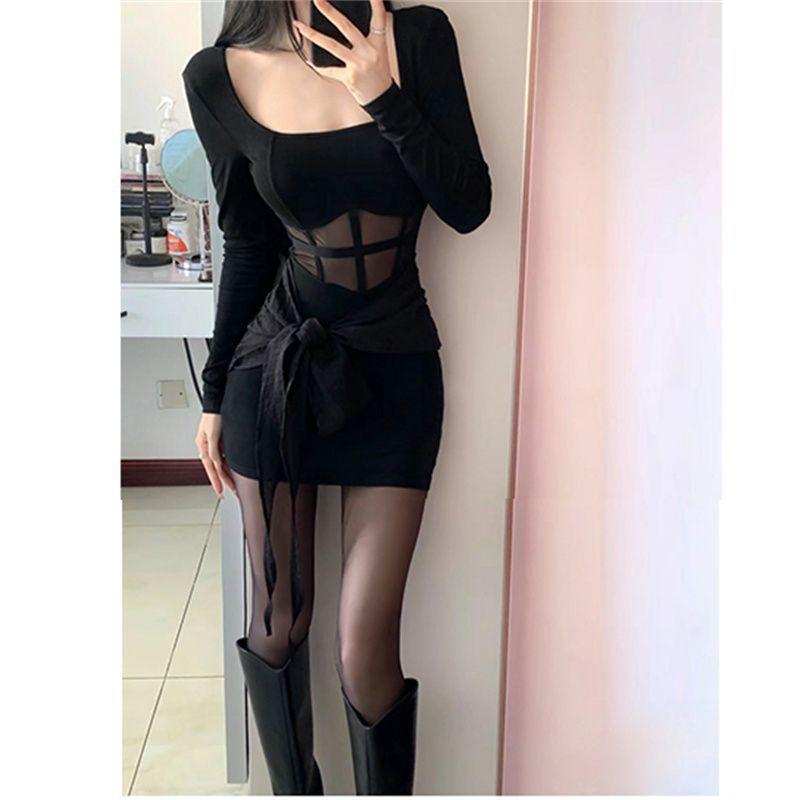 Fashionable and sexy spicy girl square-neck long-sleeve dress for women, new winter slimming inner layer, mesh hip-hugging short skirt