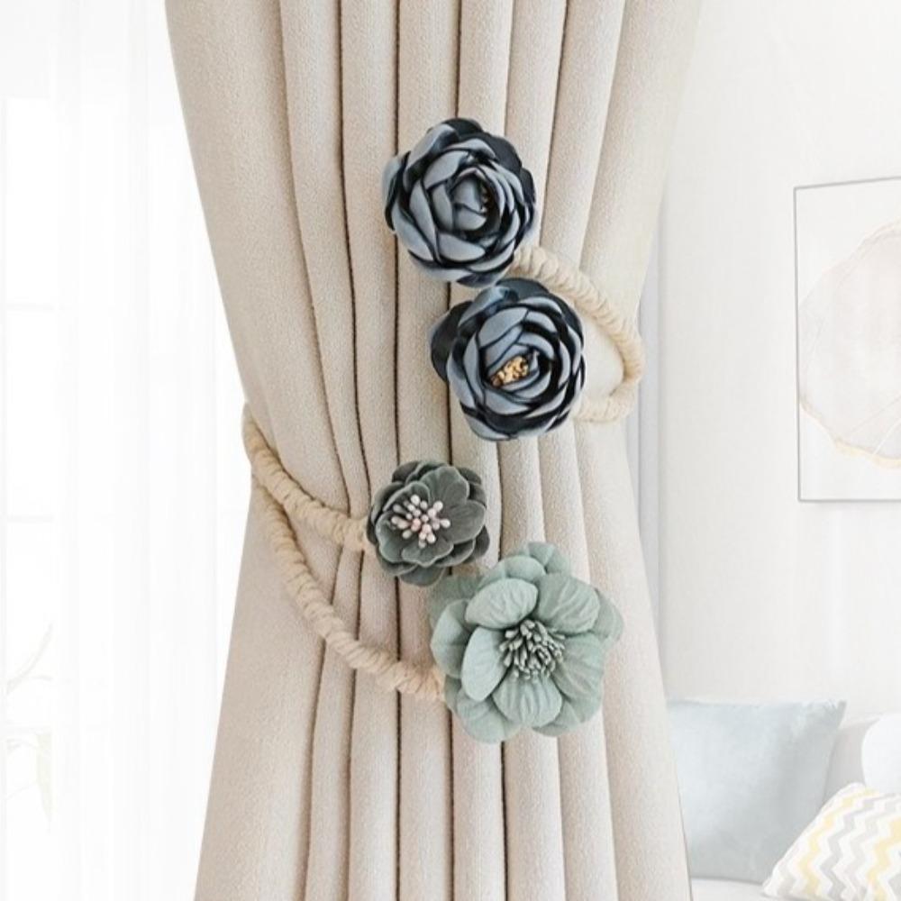 2PCS Multi-color Handmade Rose Curtain Tieback Cotton Elegant Flower Curtain Buckle Artificial Flexible Curtain Clips Bedroom