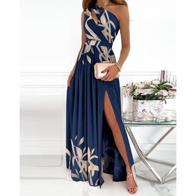 Summer Elegant One Shoulder Floral Print High Slit Cutout Asymmetric Women Long Wedding Party Evening Maxi Dress