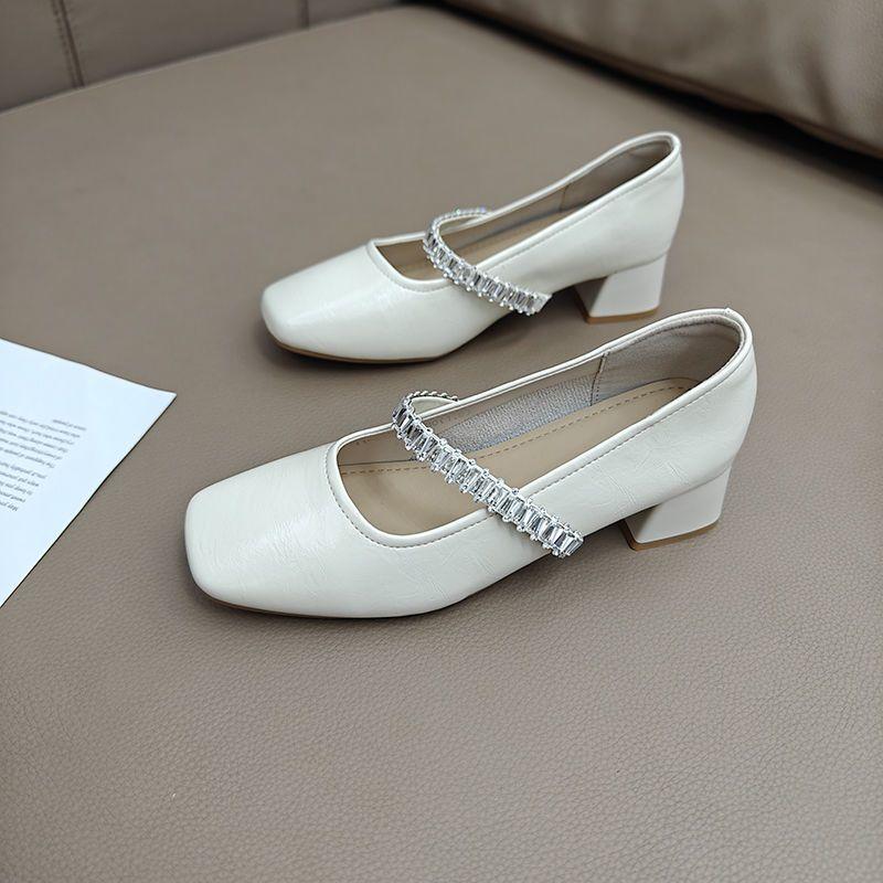 French Temperament Rhinestone Mary Jane Single Shoes Girl 2025 Summer Square Head Retro Thick Heel Elegant Fairy Style with Skirt