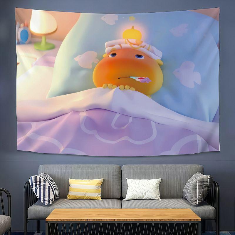 Cute Yellow Dragon CAPYLULU Wall Tapestry Cartoon Character Orange On Head Heart Music Note Kawaii Kids Room Home Decor