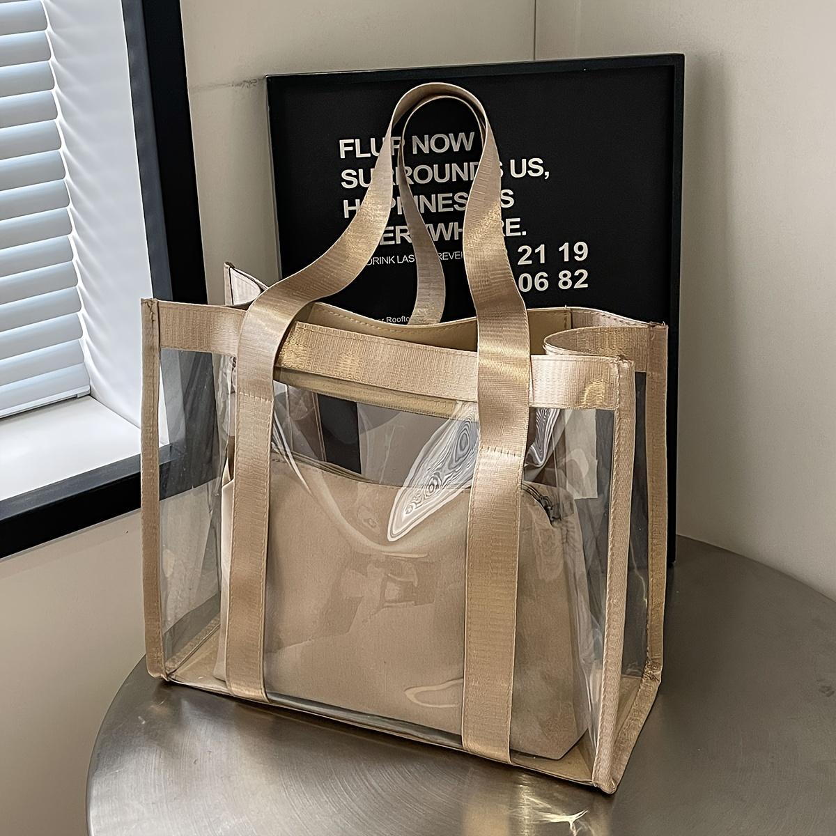 

Transparent PVC Tote Bag With Insert Zipper Pouch For Women, Casual Solid Color Beach Vacation Handbag For Work хакі