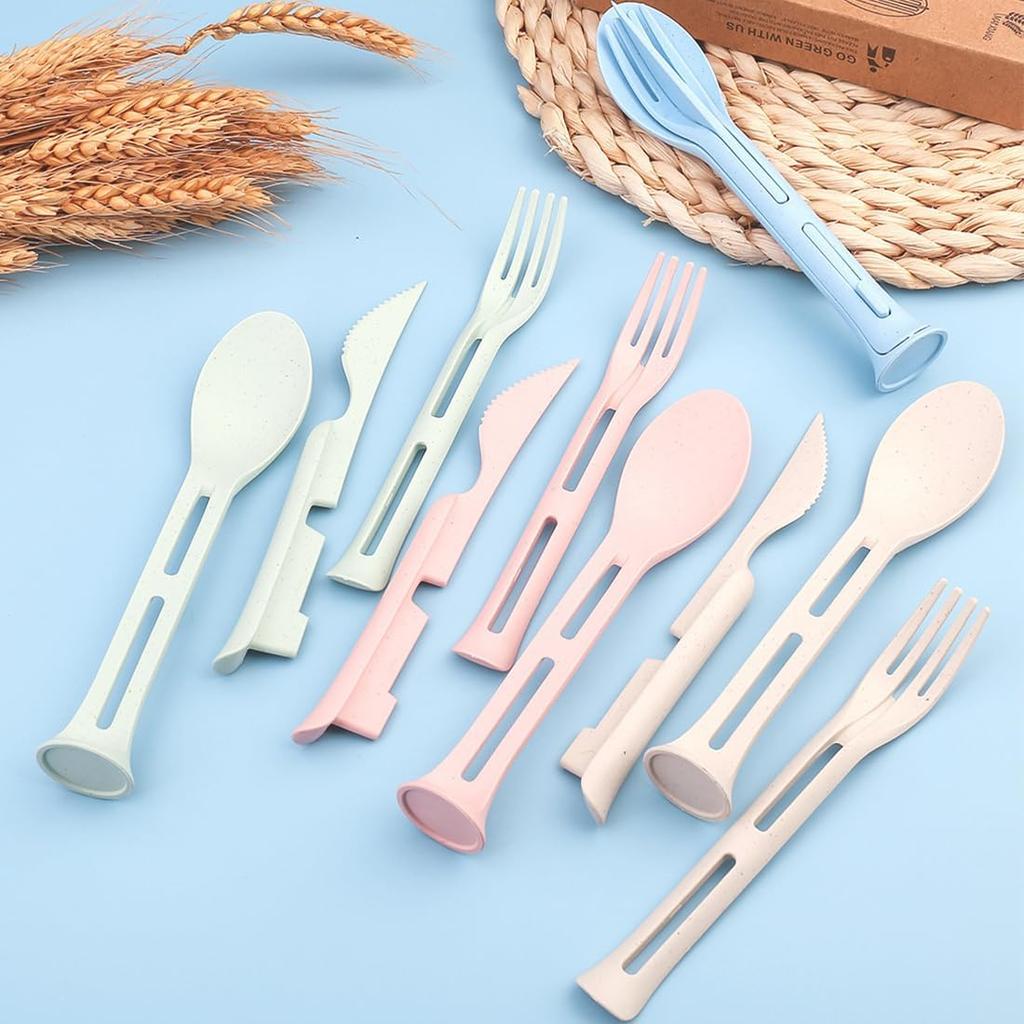 3PCS Wheat Straw Cutlery, Reusable Utensils Set Portable Travel 3 in 1 Spoon Fork Knife Tableware, Eco-Friendly, BPA Free, Flatware for Kids Adults,