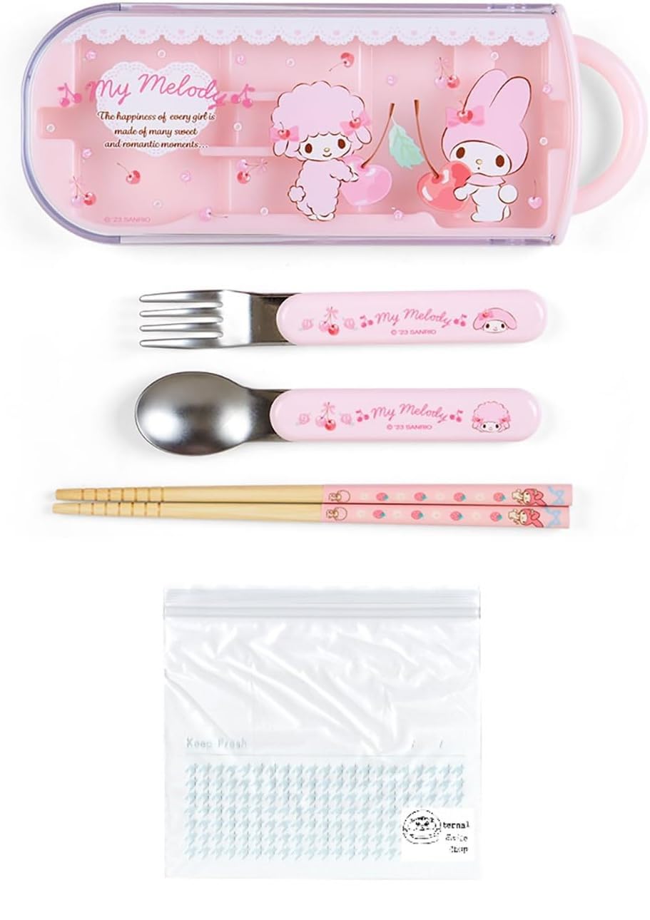 

Набор из трех предметов Sanrio: палочки, ложка, вилка, палочки для бенто, футляр для палочек, палочки раздвижного типа, сделано в Японии, антибактериальный, Sanrio My Melody, набор My Melody, морозильник