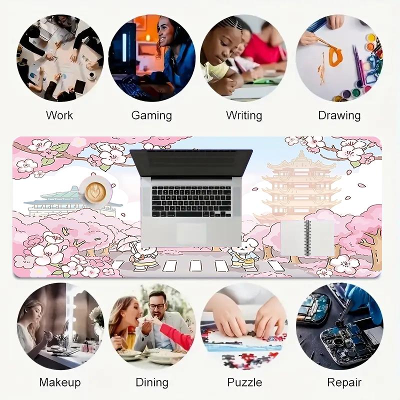 1 Stück Kirschblütenfest Japan Gaming-Mauspad Tastatur Schreibtischmatte Rutschfeste Gummikante Wasserdichtes Computer-Mauspad für Büro Heimdekoration Y127