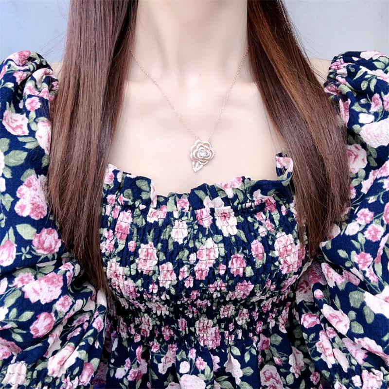 3D Camellia Flower Pendant Necklace for Women - Elegant Hollow Clavicle Chain with Versatile, High-Quality Texture.