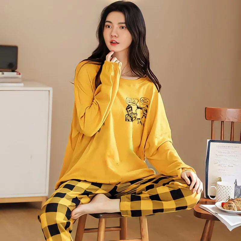 Spring Autumn Women's Polyester Pajamas Plaid Long-sleeved Home Sleepwear Womens Simple Loose Casual Suits