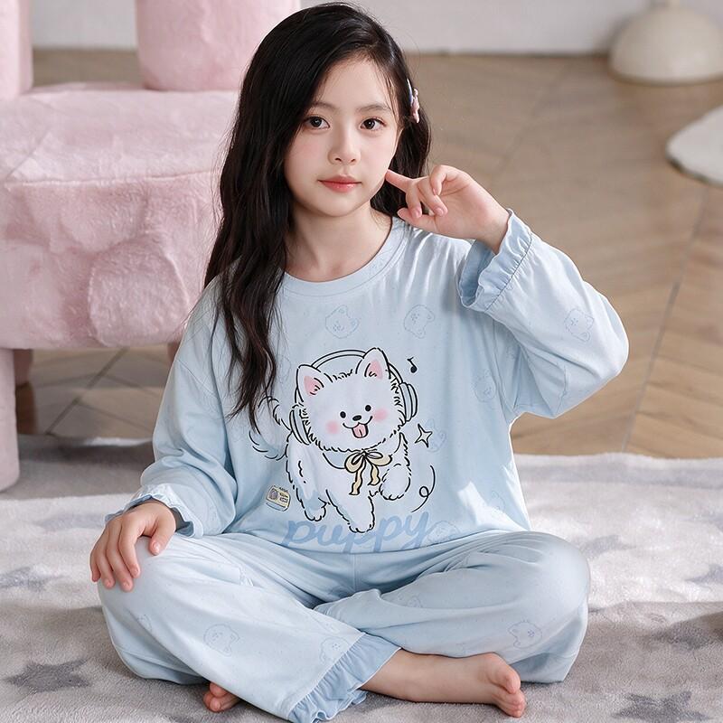 100% Cotton Girls Long Sleeve Pajamas Set Cartoon Print Round Neck Sleepwear Kids 8 Years