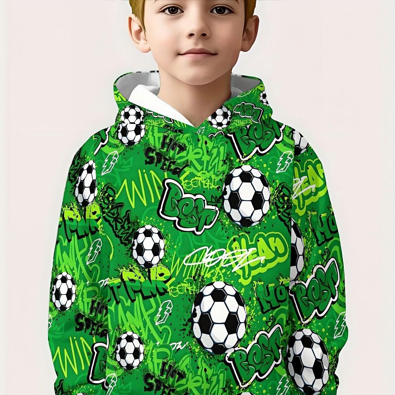

Boys Colorful Green Football Pattern Hoodie, Birthday Gift for Autumn and Winter Daily Wear, Soft Hoodie 13-14Y