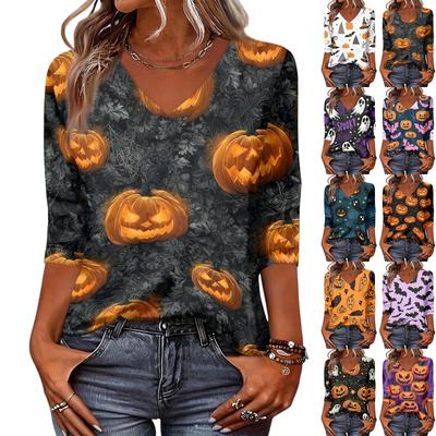 Women's Casual Halloween Print V Neck Top Three Quarter Sleeve Lightweight Blouse for Fall Seasonal Wear