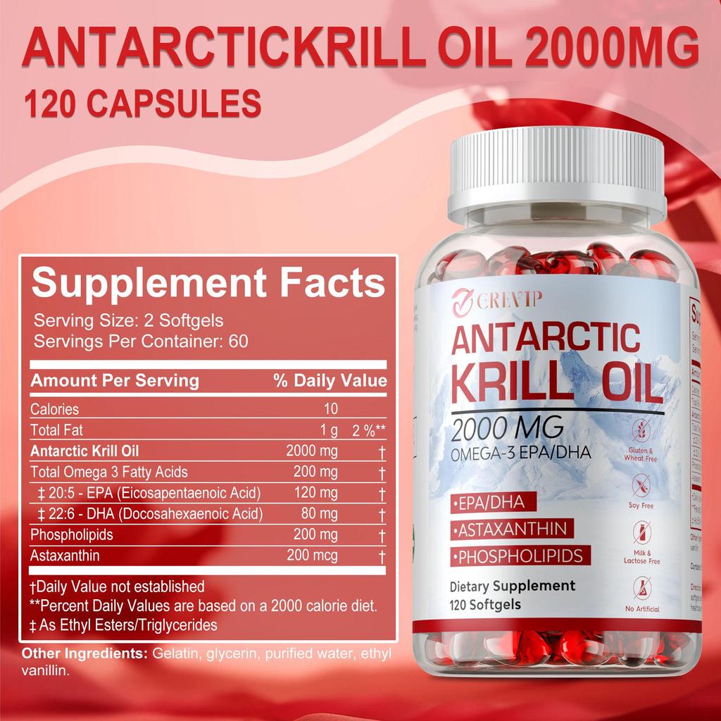 Antarctic Krill Oil Softgels - 2000 Mg with Omega-3s EPA, DHA, Astaxanthin and Phospholipids - for Brain, Heart, Joints, Skin and Immune Support