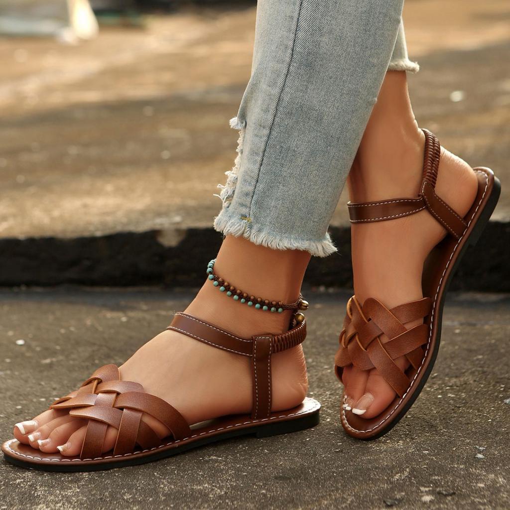 Summer flat woven elastic band retro women's sandals