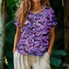 Women's Casual Henley Neck Button Front Shirt Halloween Pumpkin Print Short Sleeve Blouse Lightweight Loose Fit Top