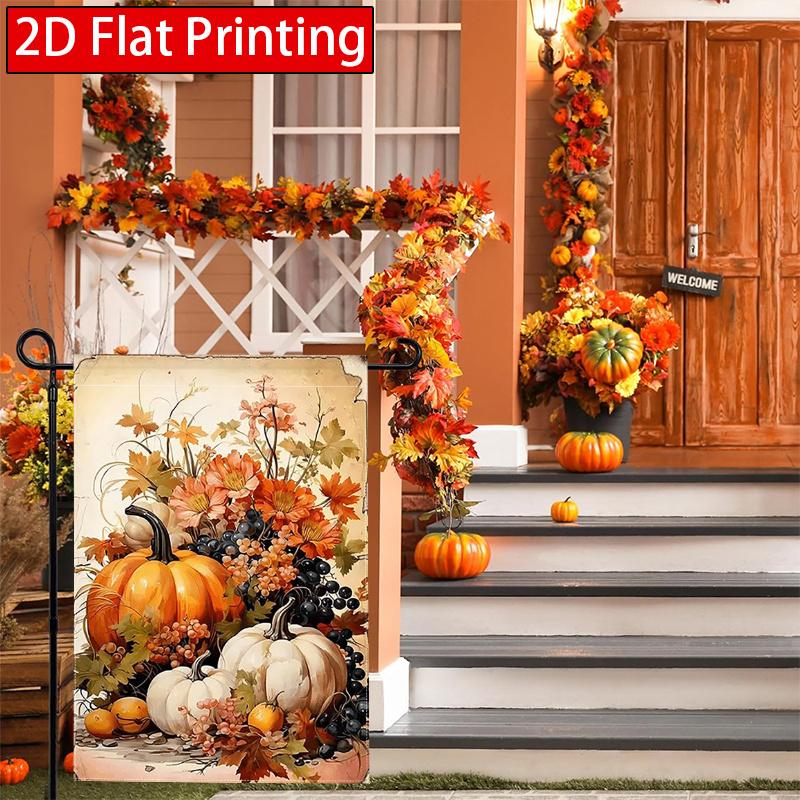 2D Flat, 2D Flat Autumn Thanksgiving Pumpkin Flowers Fruit Welcome Garden Flag- Outdoor Garden Flag Double-sided Home Decoration Courtyard Decoration