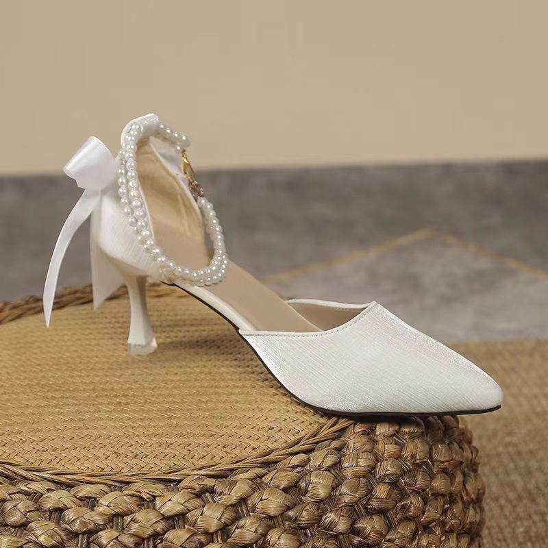 Baotou Pearl Sandals 2025 Thin Fairy Style Pointed Head Stiletto High Heels with Female Summer New French Style