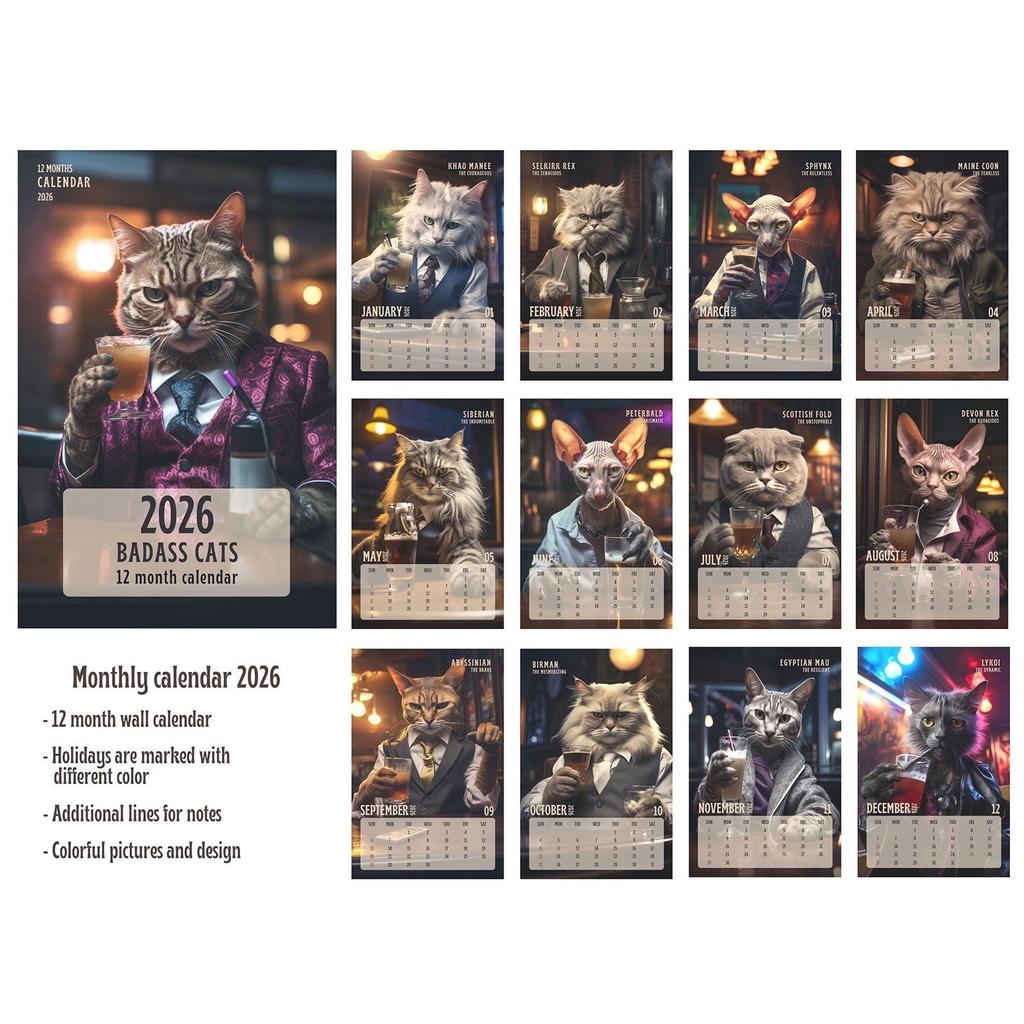 Badass Cats Wall Calendar 2026, Funny CatCalendar With 12 Hilarious Photos, Humor Wall Calendar For Home Or Decor