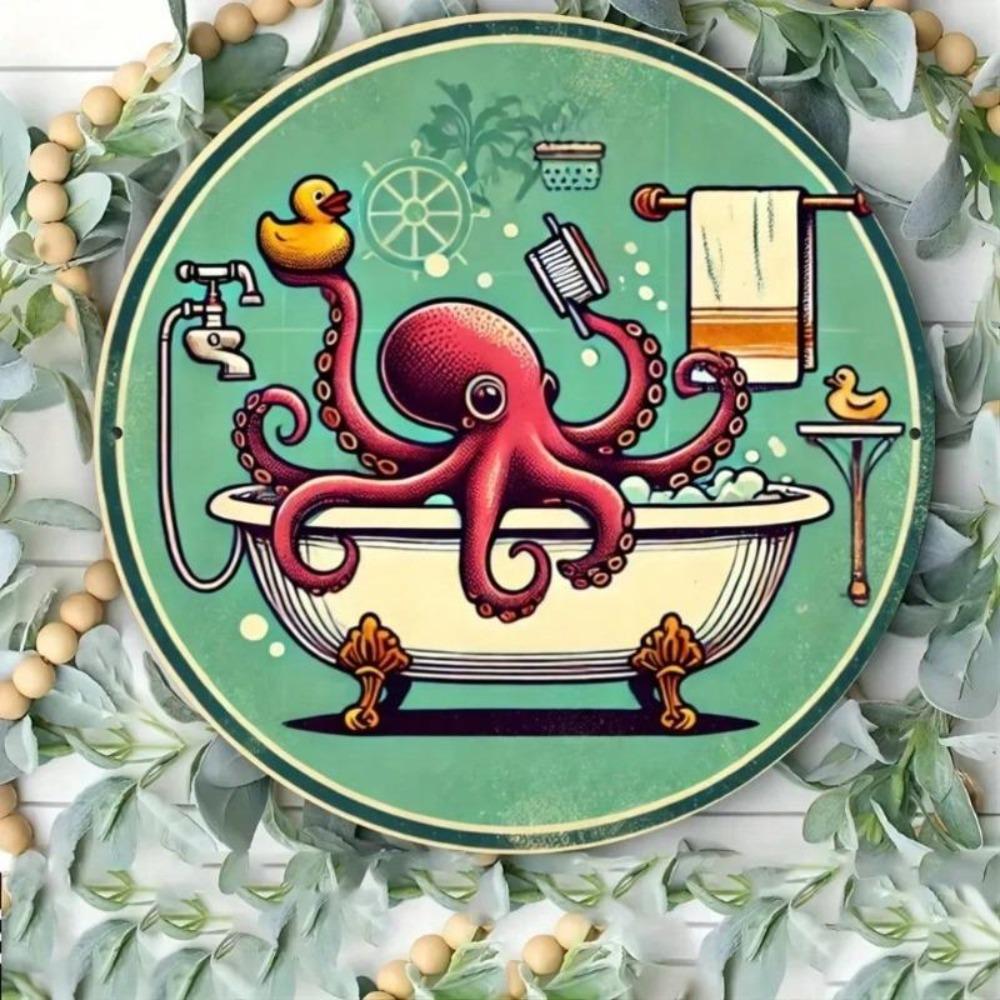 Vintage Tin Wall Decor Circular Ocean Octopus Bath Art