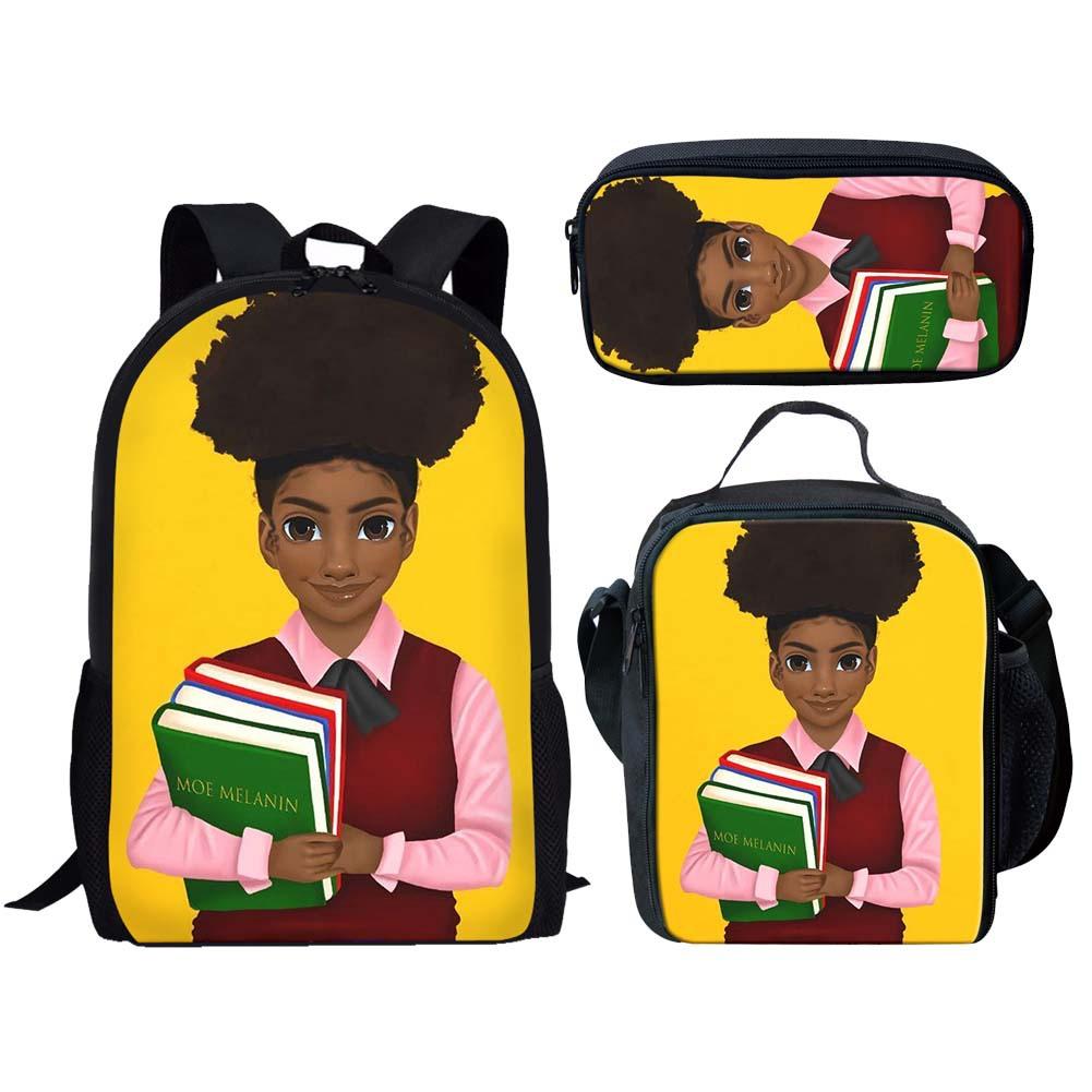 Classic Popular Novelty Cute African girl 3D Print 3pcs/Set pupil School Bags Laptop Daypack Backpack Lunch bag Pencil Case