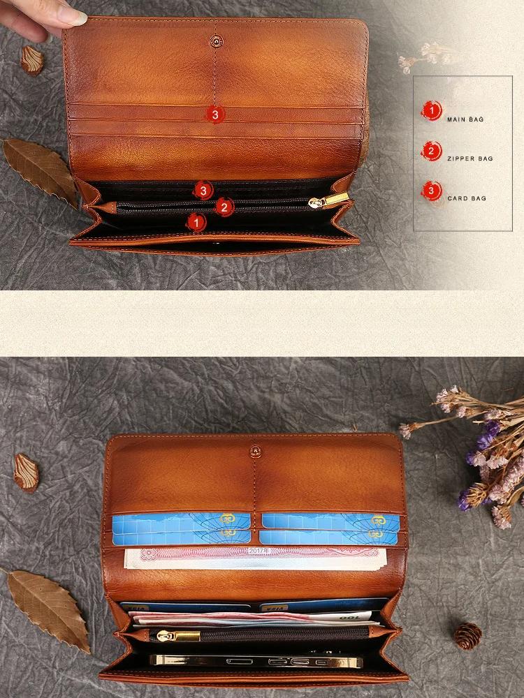 Johnature Retro Genuine Leather Women's Wallet Long Hand Bag Natural Cowhide Solid Color Phone Purse Card Holder