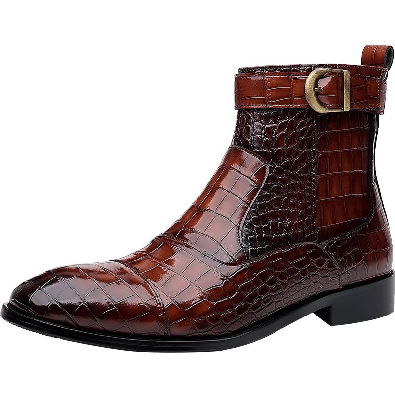 

Chelsea boots men s high-top zipper men s boots crocodile pointed business short boots British Martin boots leather shoes 44 коричневий