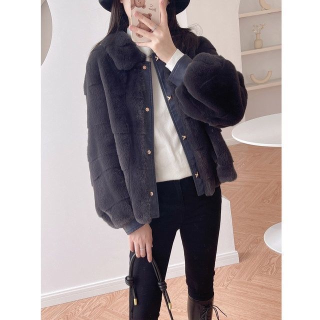 Autumn and Winter Imitation Fur Coat Female Danish Mink Cotton Thickened Coat Lapel Lantern Sleeve Thermal Top Looks Thin