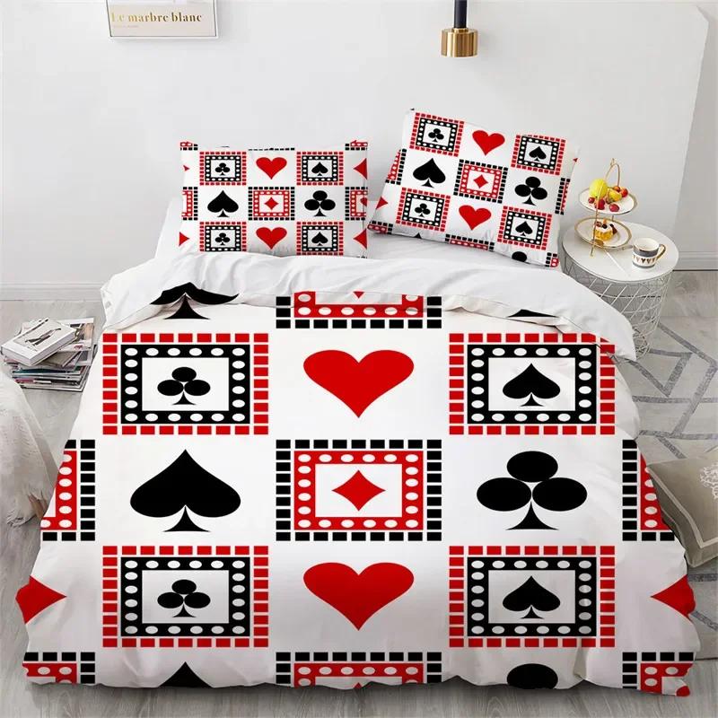 Poker Bettwäsche King Twin Kartenspiel Bettwäscheset Mikrofaser Gamer Spielende Deckenbezug Jungen Retro Spiel Rot Schwarz Bettdeckenbezug