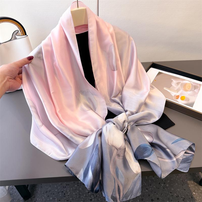 Spring And Summer Thin Print Simulation Silk Brocade Sunscreen Gold Bottom Peony Silk Scarf Long Scarf Shawl Versatile Headscarf Scarf
