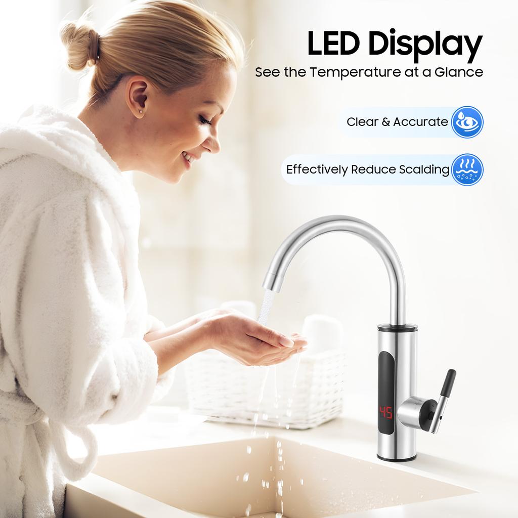 110V 3000W Instant Electric Hot Water Faucet, 304 Stainless Steel Kitchen Sink Faucet with LED Display for Home Bathroom