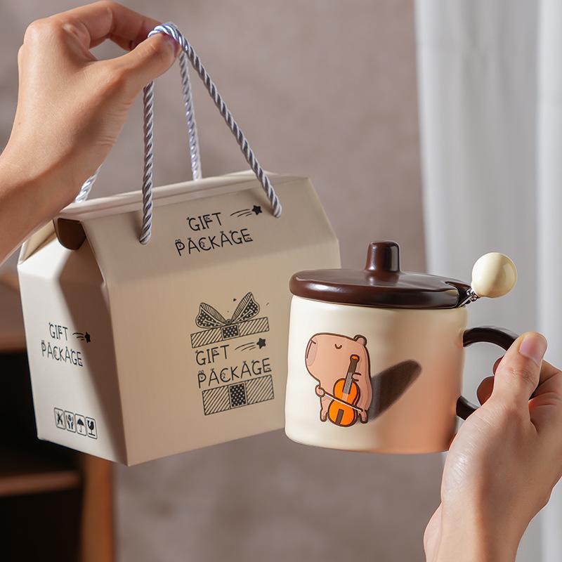 Cute Capybara Ceramic Coffee Mug Vintage Series Cartoon Print Water Cup + Lid Set Home Cafe Afternoon Teacups Friend Gift