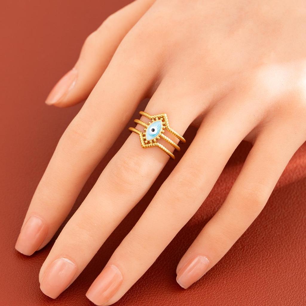 Devil's Eye Stainless Steel Open Ring with Titanium-Oil Drip and Vacuum Electroplated Eye Design