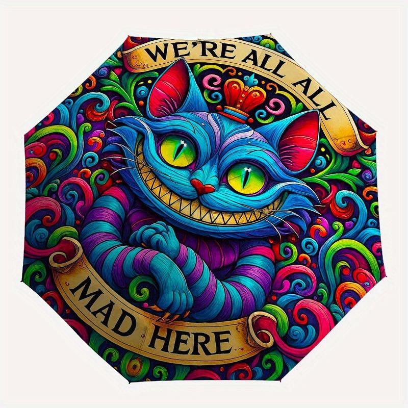 Cheshire Cat: We're All Mad Here Sticker Umbrella, Cute Umbrella with Cute Design, Portable 3-Fold Compact Umbrella for Men & Women, Valentine's Day M