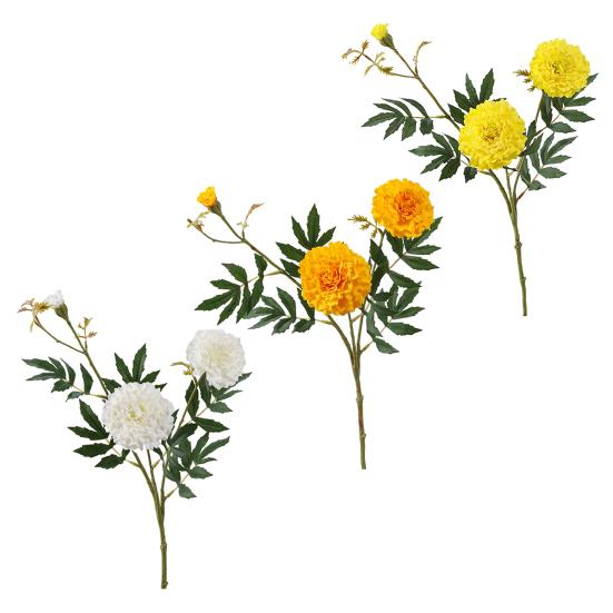 Artificial Marigold 3 Head UV Resistant Fake Silk Flower with Leaves Indoor Outdoor Garden Table Centerpiece Faux Bloom Decoration
