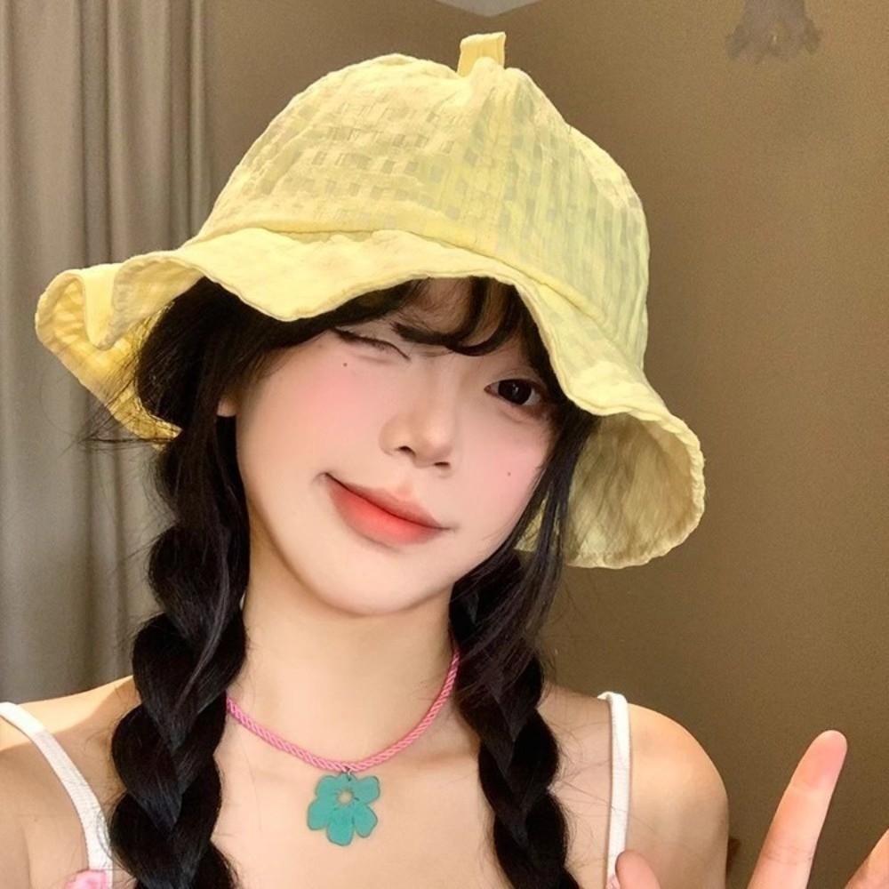 Japanese Plaid Bucket Cap Summer Women's Sun Hat Fashion Fisherman Caps  Outdoor