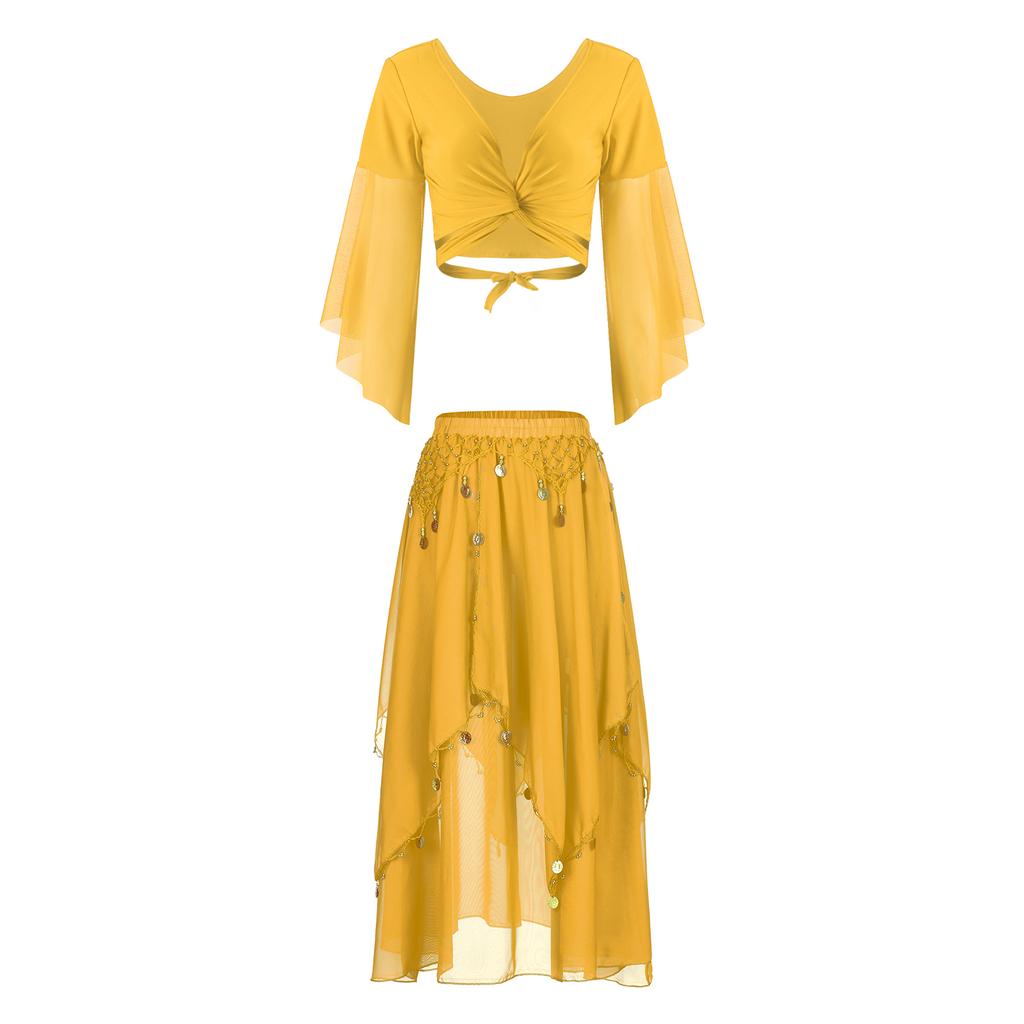 Damen Bauchtanz Kostüm V-Ausschnitt Schnürung 3/4 Tüll Glockenärmel Crop Top Pailletten Perlen Chiffon Rock