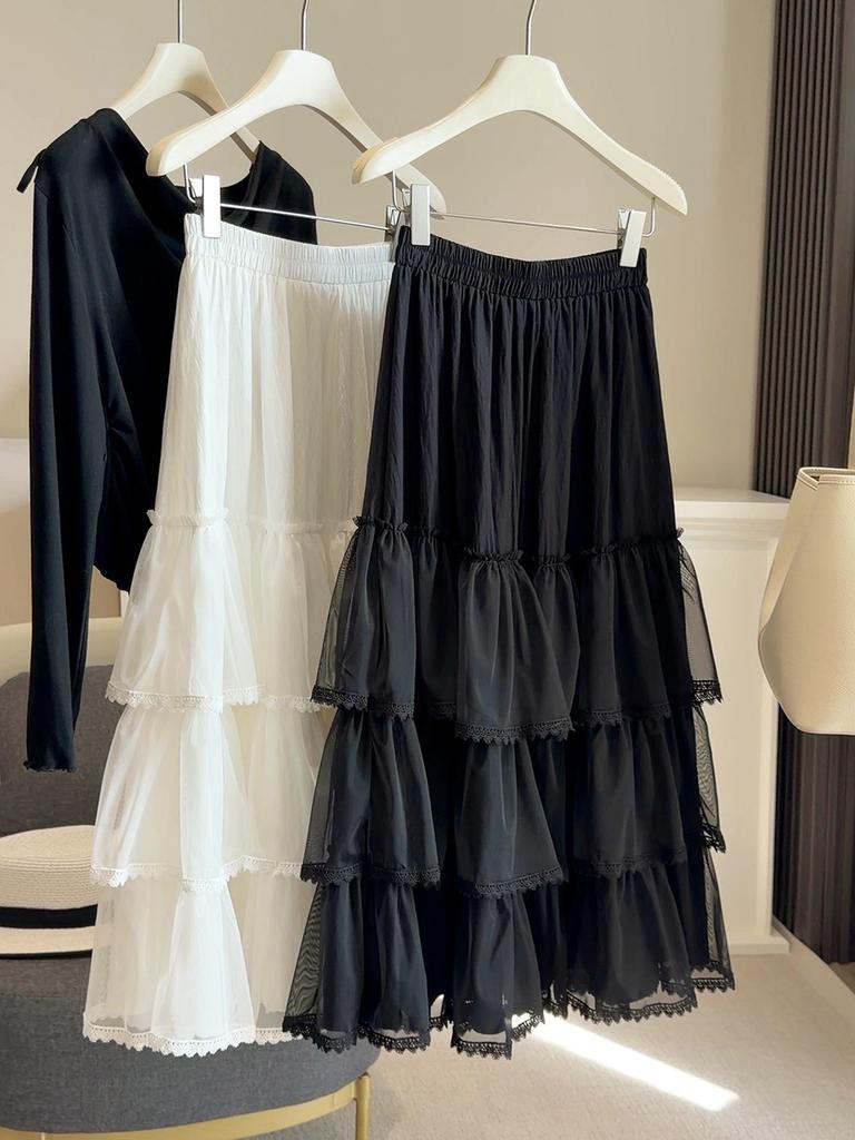 Frühling/Sommer Spitzen-Patchwork Netz-Puffballrock - High Waist A-Linie Gaze-Schichtrock