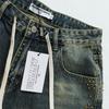 Men's Studded Distressed Denim Shorts, Camo Hem Drawstring Hip Hop Street Knee Length Shorts