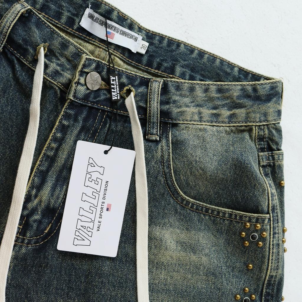 Men's Studded Distressed Denim Shorts, Camo Hem Drawstring Hip Hop Street Knee Length Shorts