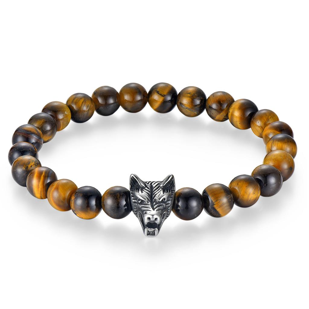 New Black Agate Tiger Eye Stone DIY Bracelet with Personalized Wolf Head Stainless Steel Trendy Men's Beaded Bracelet