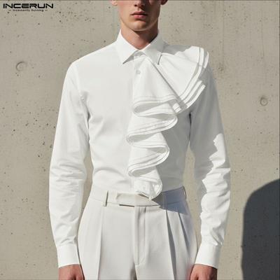 Men Lapel Neck Ruffled Long Sleeve Button Up Casual Shirts Tops