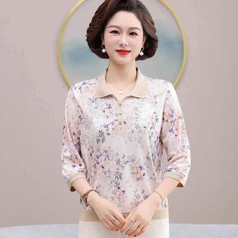 Lapel Top for Moms: 2026 Ice Silk Printed Blouse with Seven Sleeves - Stylish Summer Wear for Middle-Aged and Older Women