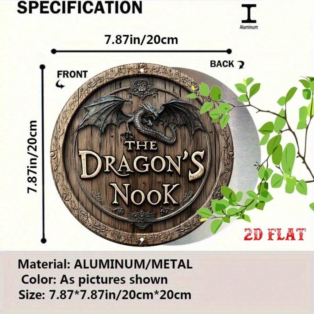 Round Fantasy Dragon Floral 2D Metal Tin Wall Sign for Home Decor